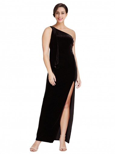 Online One Shoulder Long Velvet Prom Dress with Side Split and Shoulder Tie UK