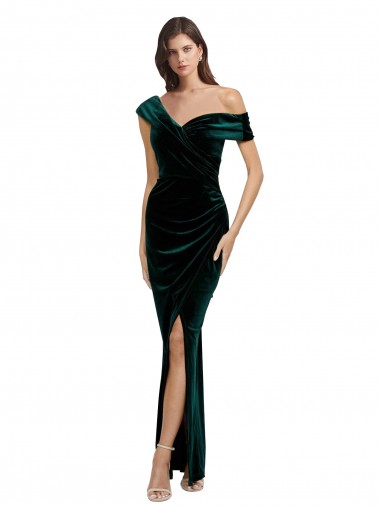 Online Long Asymmetric Neckline Ruched Velvet Prom Dress UK